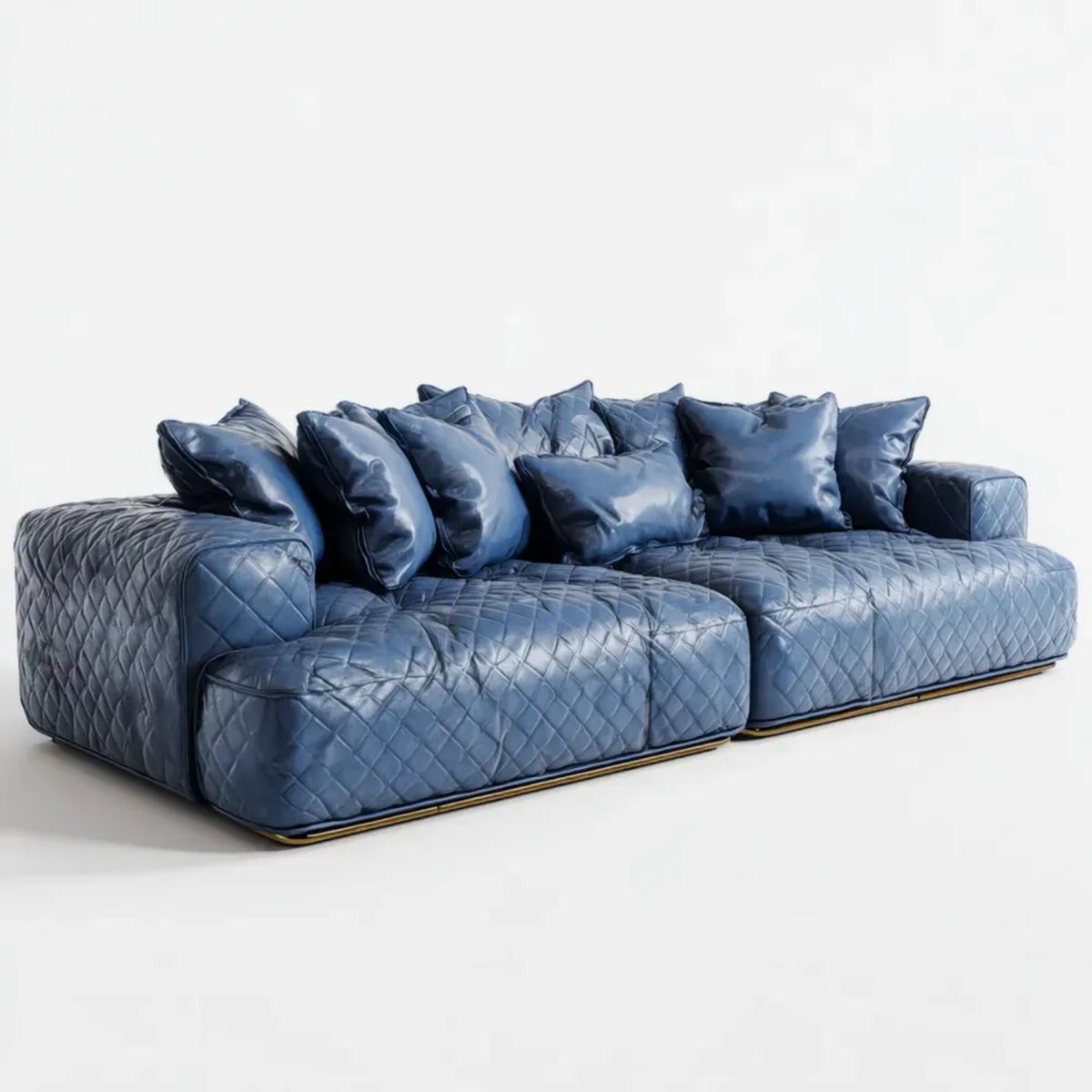 Czteroosobowa sofa z tapicerką PU, granatowa z czarno-złotą listwą, 300 × 105 × 75 cm