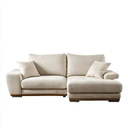 Prawostronna sofa narożna z szezlongiem beżowa, tapicerka poliestrowa, 260 x 165 x 85 cm