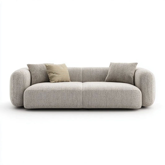 Trzyosobowa sofa kremowa z tkaniny bouclé 230 x 100 x 75 cm, zaokrąglona forma
