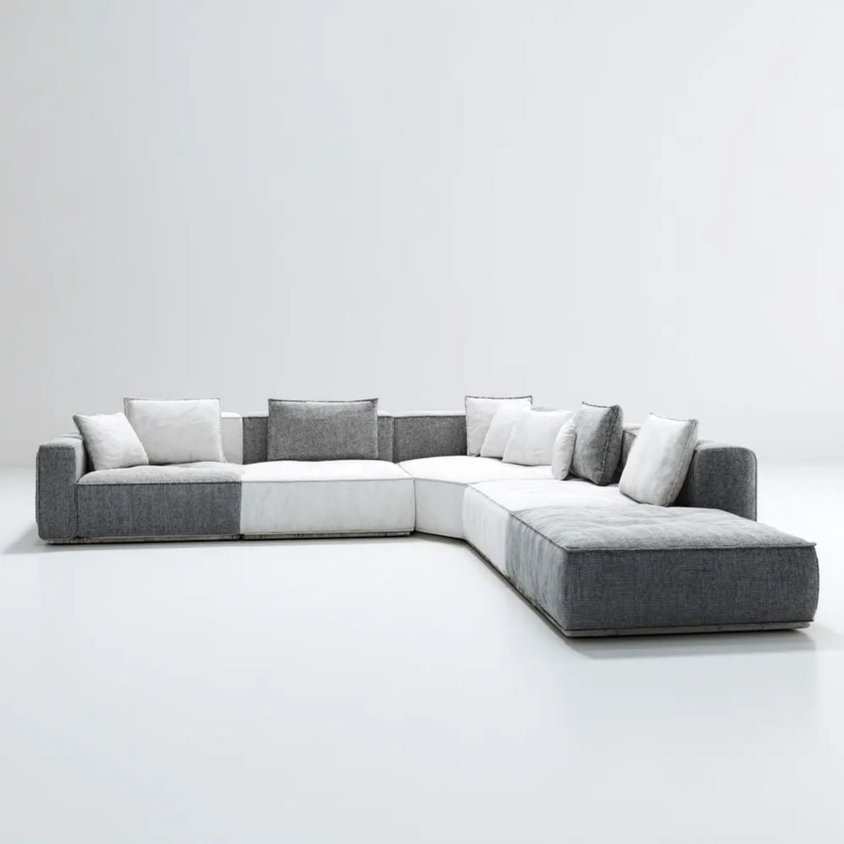 Modułowa sofa narożna z prawostronnym szezlongiem, szaro-biała, tapicerka poliestrowa, 320 x 240 x 70 cm