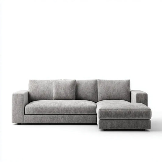 Szara sofa narożna w kształcie L z prawostronnym szezlongiem, tapicerowana poliestrem, 260 × 160 × 85 cm