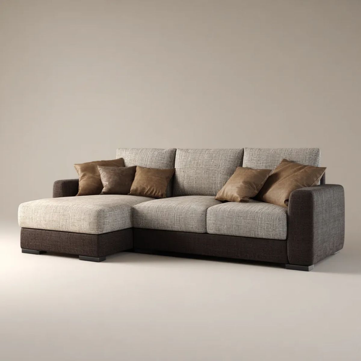 Lewostronna sofa narożna z szezlongiem beżowo-brązowa, tapicerka poliestrowa, 260 × 160 × 85 cm