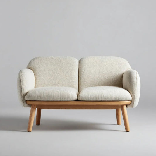 Kremowa sofa dwuosobowa z drewnianą podstawą i tapicerką poliestrową, 130 x 75 x 78 cm