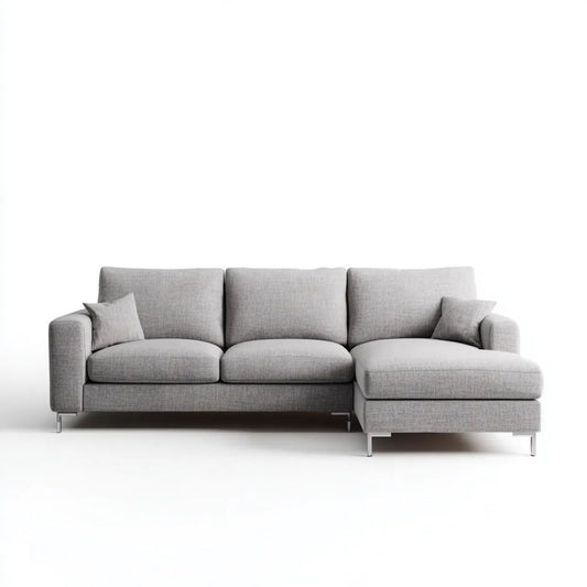 Szara sofa narożna z prawostronnym szezlongiem z poliestru, 260 x 160 x 85 cm